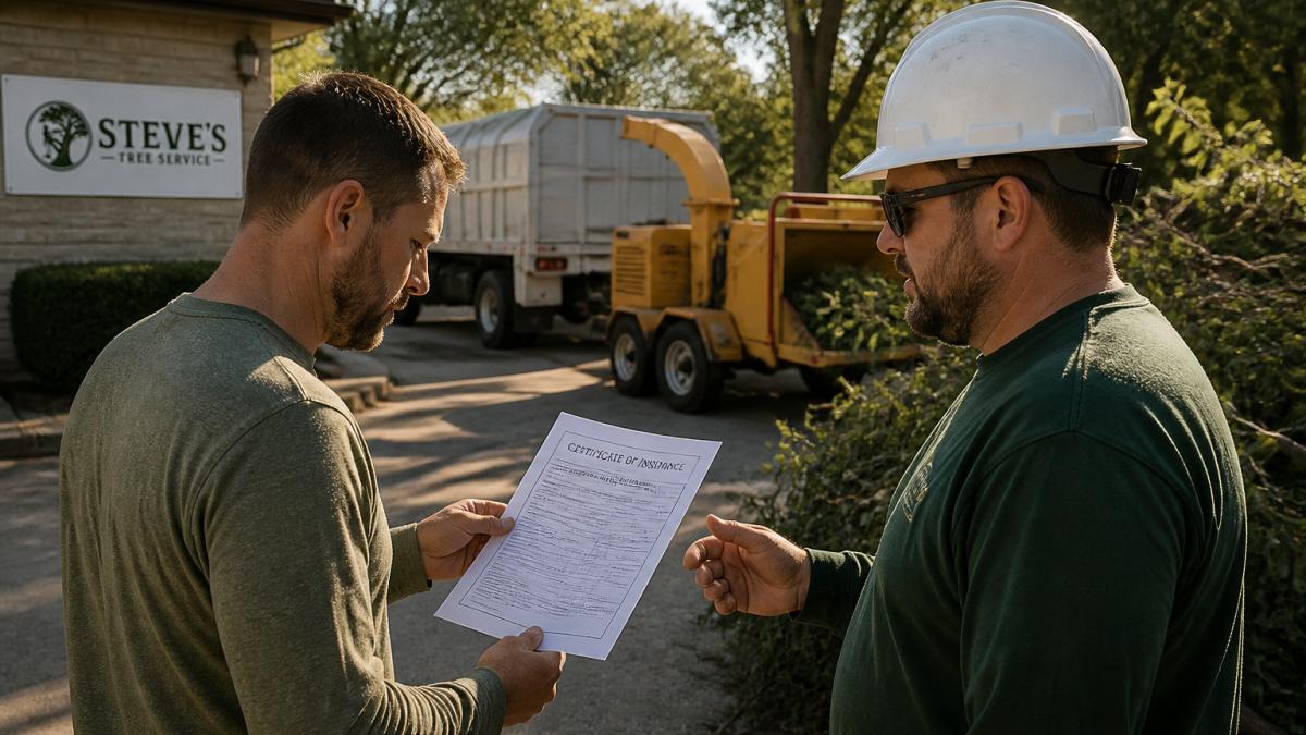 Homeowner reviewing insurance documents with a crew member from reliable tree services in a sunny driveway