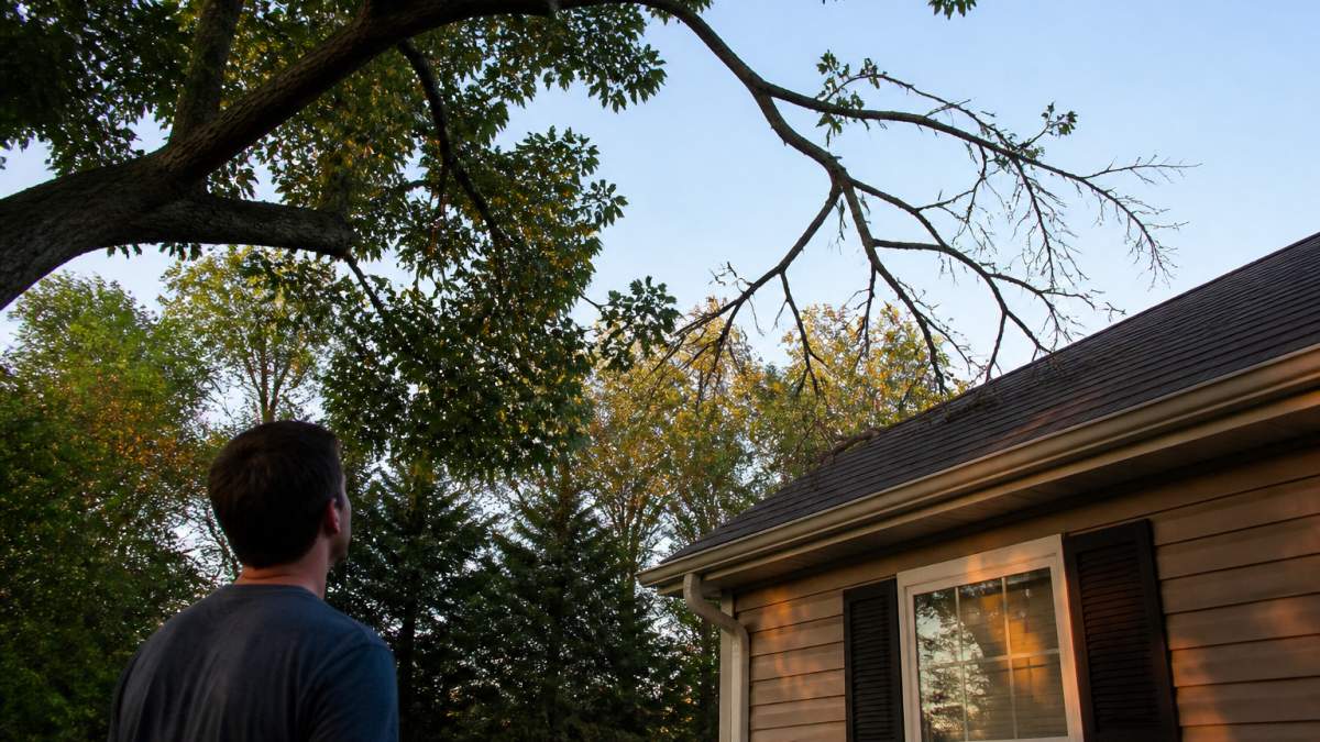 A homeowner standing in a yard looking up at a large tree with a visible dead, leafless branch hanging over a house roof, late afternoon light