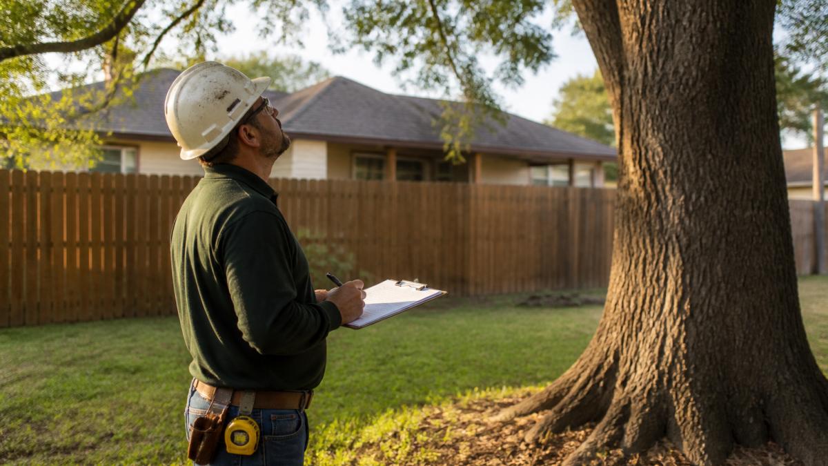 A tree removal crew member in safety gear examining a large oak tree in a residential yard, holding a clipboard and measuring tape, with homes and a wooden fence visible in the background under clear afternoon light