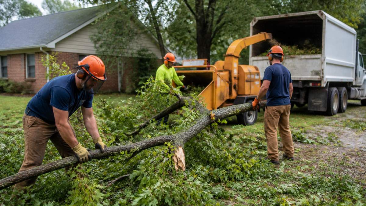 A professional tree service crew in safety gear removing a large fallen tree branch from a residential yard after a storm, with a truck and chipper in the background
