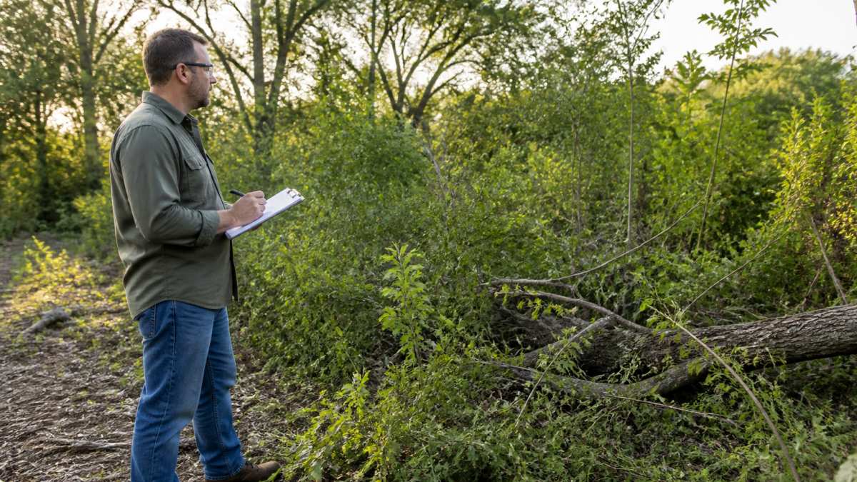 A homeowner in work clothes and safety glasses standing at the edge of a densely overgrown lot, holding a clipboard and surveying brush, saplings, and fallen limbs before clearing begins, morning light