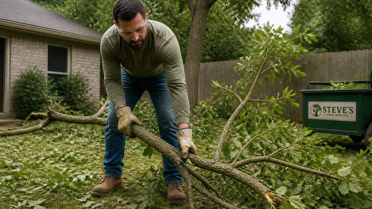 Homeowner wearing work gloves, safety boots, eye protection, and long sleeves while clearing storm debris from a residential yard