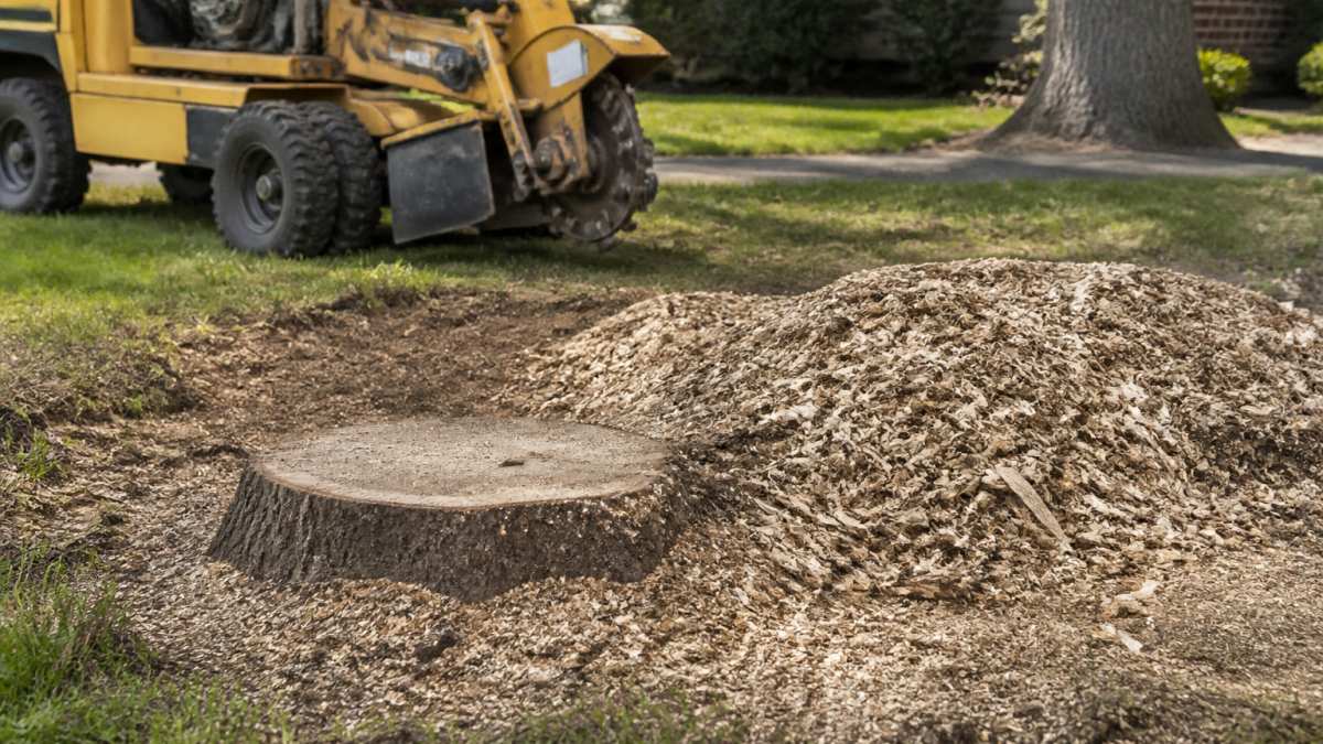 Fresh wood chips and shavings piled beside a tree stump after professional stump grinding on a residential lawn