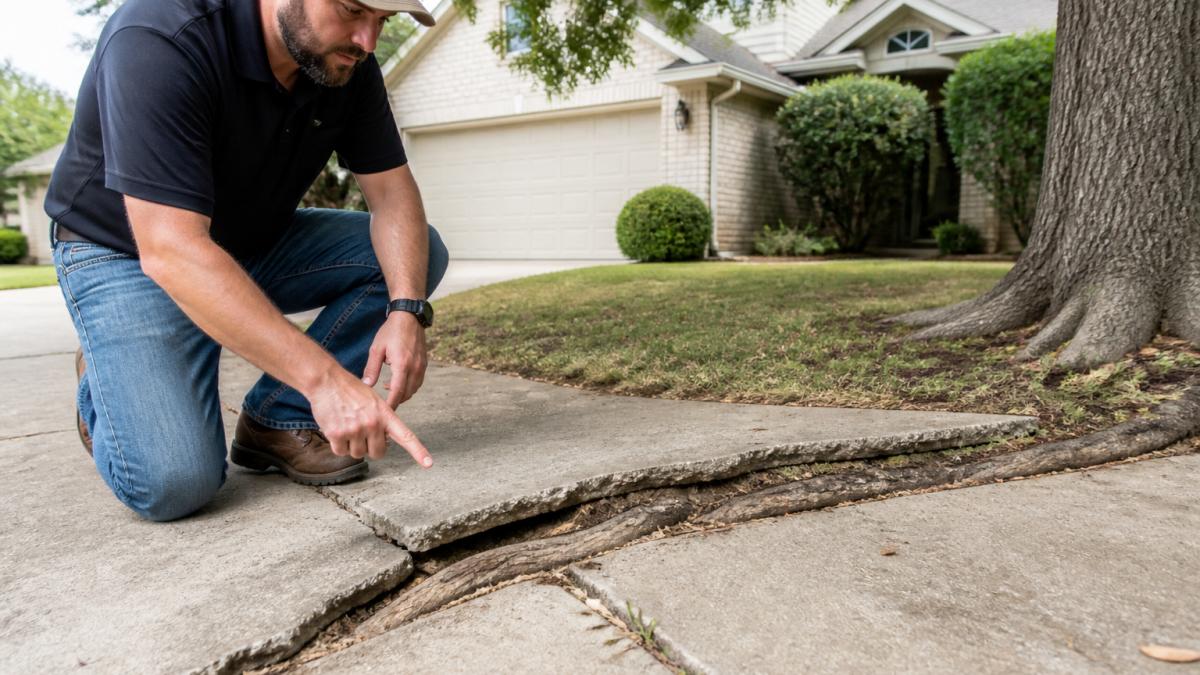 A homeowner kneeling beside a cracked concrete driveway, pointing at a large tree root lifting the pavement, with a suburban house in the background