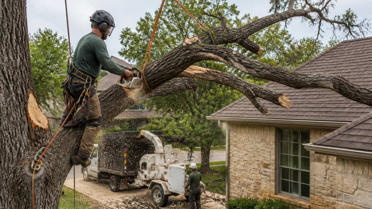 A professional tree care crew in safety gear using ropes and a chainsaw to remove a large dead oak limb over a suburban home, with a truck and chipper parked on the driveway in the background