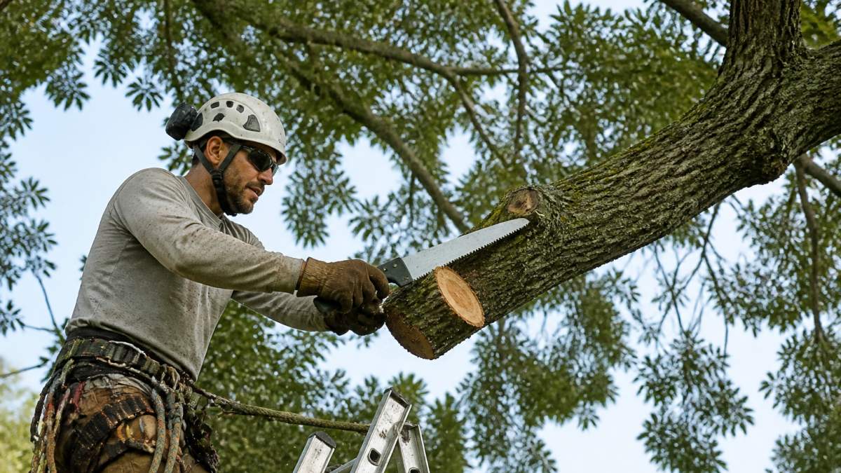 A tree care worker in safety gear making a clean pruning cut on a large oak limb with a handsaw, canopy and pale sky behind, ladder visible below